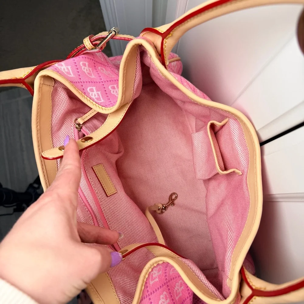 Dooney & Bourke Pink DB Monogram Canvas Satchel Leather Trim Hook Closure - Picture 7 of 11